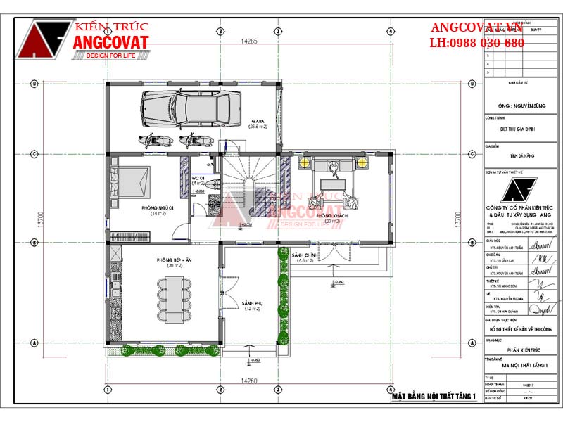 Chi tiết thiết kế nhà biệt thự 2.5 tầng đẹp diện tích 140m2 hiện đại mái thái - Mặt bằng tầng 1