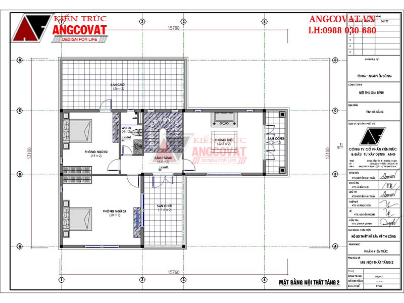 Chi tiết thiết kế nhà biệt thự 2.5 tầng đẹp diện tích 140m2 hiện đại mái thái - Mặt bằng tầng 2