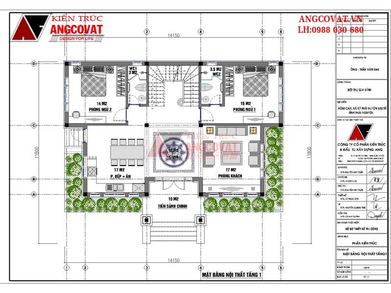 Chi phí thiết kế nhà 2 tầng diện tích 120m2 4 phòng ngủ mái thái đẹp - Mặt bằng tầng 1