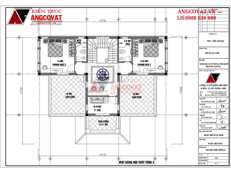 Chi phí thiết kế nhà 2 tầng diện tích 120m2 4 phòng ngủ mái thái đẹp - Mặt bằng tầng 2