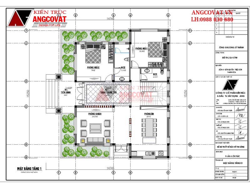 Chi phí xây nhà 2 tầng diện tích 150m2 hình vuông mái thái đẹp 5 phòng ngủ - Mặt bằng tầng 1