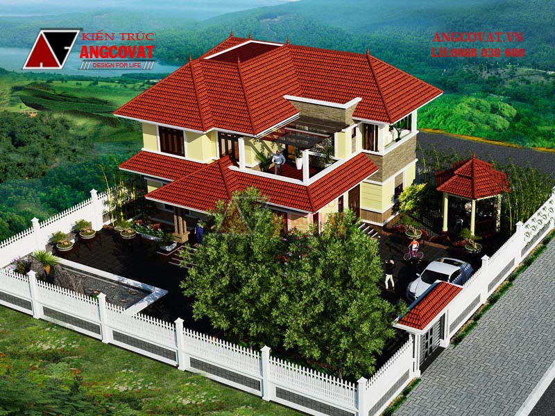 Phối cảnh view 3: Chi phí xây nhà 2 tầng diện tích 150m2 hình vuông mái thái đẹp 5 phòng ngủ