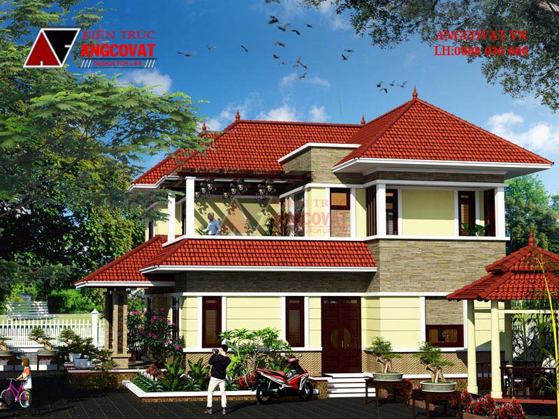 Phối cảnh view 2: Chi phí xây nhà 2 tầng diện tích 150m2 hình vuông mái thái đẹp