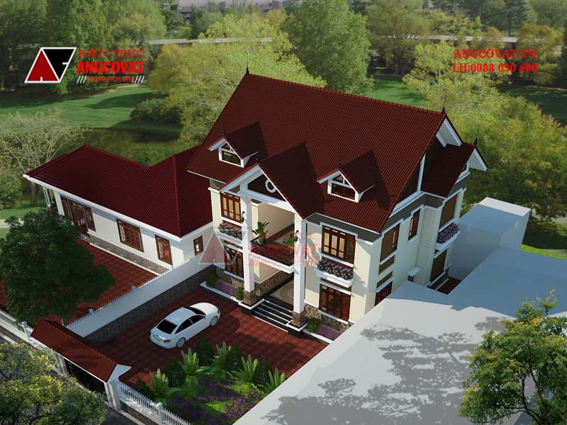 thiết kế xây nhà 2 tầng 5 phòng ngủ mái thái