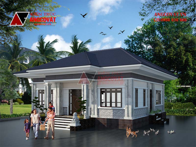 Phối cảnh 1: Mẫu thiết kế nhà 1 tầng 3 phòng ngủ 1 phòng thờ diện tích 130m2