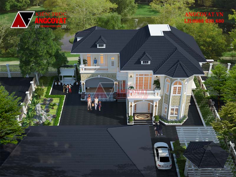 Phối cảnh view 3: Mẫu nhà 2 tầng diện tích 140m2 5 phòng ngủ có gara ô tô mái thái