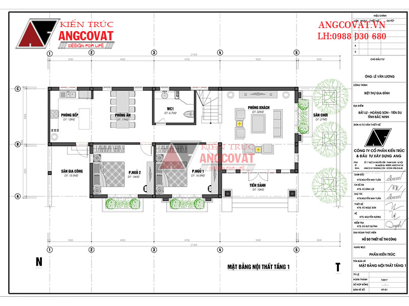 Mẫu nhà 2 tầng diện tích 140m2 kiểu Âu đẹp 5 phòng ngủ mái thái - Mặt bằng tầng 1