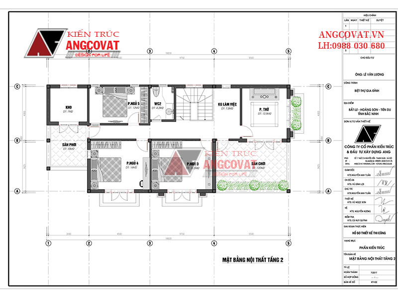 Mẫu nhà 2 tầng diện tích 140m2 kiểu Âu đẹp 5 phòng ngủ mái thái - Mặt bằng tầng 2