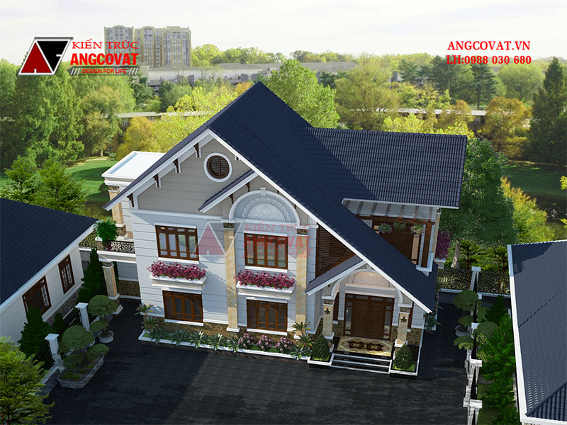 Phối cảnh view3: Mẫu nhà 2 tầng diện tích 140m2 kiểu Âu đẹp 5 phòng ngủ mái thái