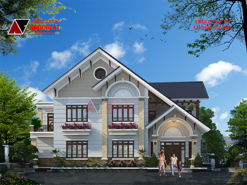 Phối cảnh view2: Mẫu nhà 2 tầng diện tích 140m2 kiểu Âu đẹp 5 phòng ngủ