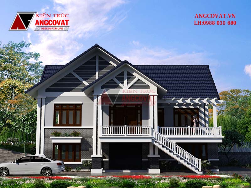 Phối cảnh 2: Mẫu nhà sàn 2 tầng diện tích 170m2 mái thái hiện đại