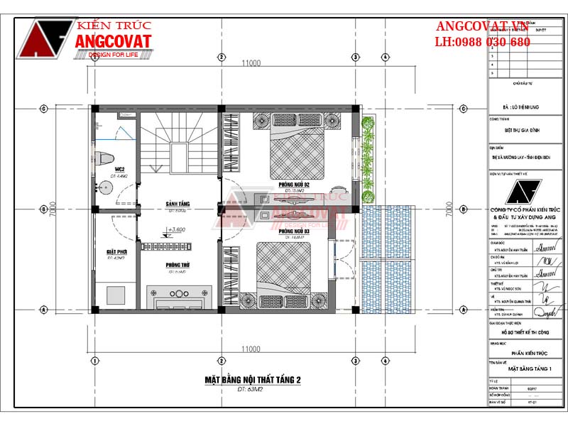 Mẫu thiết kế nhà 2 tầng 7x11m diện tích 70m2 3 phòng ngủ mái thái - Mặt bằng tầng 2