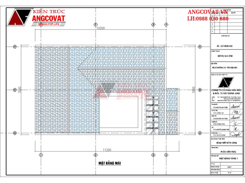 Mẫu thiết kế nhà 2 tầng 7x11m diện tích 70m2 3 phòng ngủ mái thái - Mặt bằng tầng mái