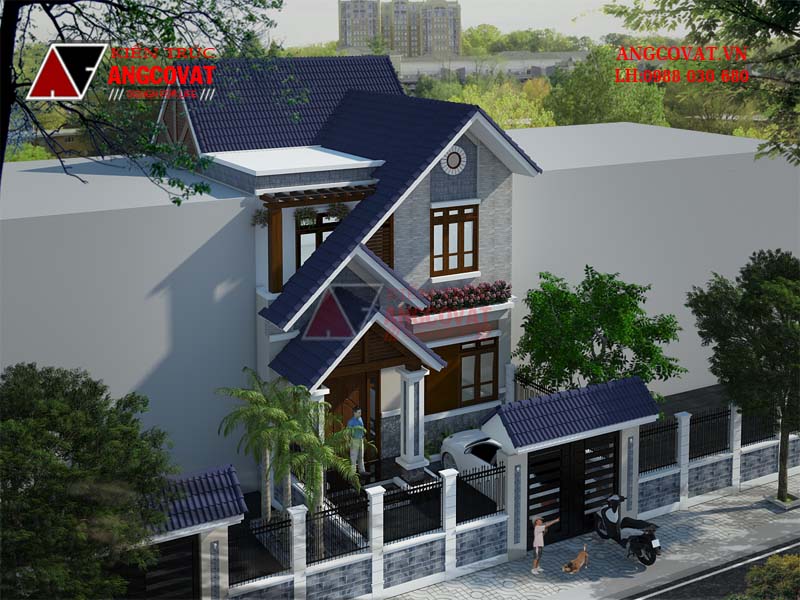 Phối cảnh view 3: Mẫu thiết kế nhà 2 tầng 7x11m diện tích 70m2 3 phòng ngủ mái thái