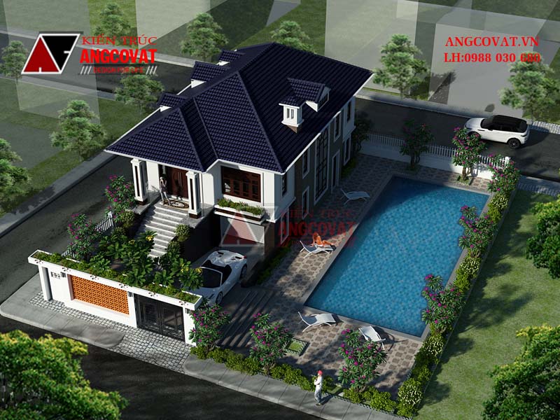 Phối cảnh 3: Mẫu thiết kế nhà cấp 4 8x14m 100m2 có tầng hầm 3 phòng ngủ mái thái