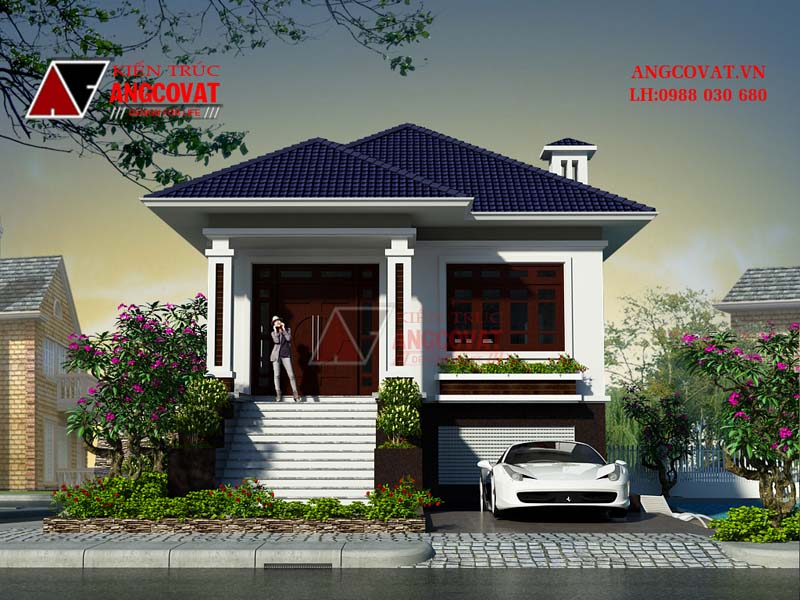 Phối cảnh 2: Mẫu thiết kế nhà cấp 4 8x14m 100m2 có tầng hầm 3 phòng ngủ