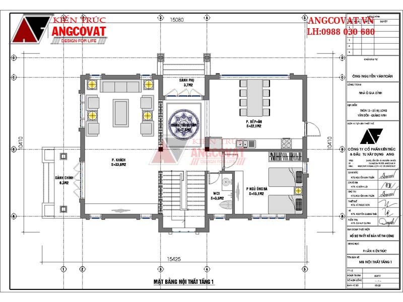 Mẫu thiết kế nhà đẹp 10x15m 4 phòng ngủ 1 phòng thờ mái ngói - Mặt bằng tầng 1