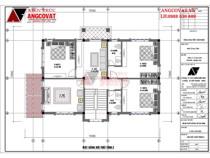 Mẫu thiết kế nhà đẹp 10x15m 4 phòng ngủ 1 phòng thờ mái ngói - Mặt bằng tầng 2