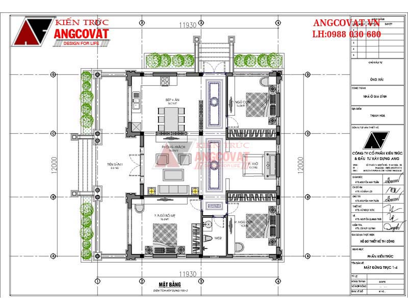 Mẫu thiết kế nhà đẹp 12x12m 1 tầng mái thái 3 phòng ngủ diện tích 110m2 - Mặt bằng tầng 1