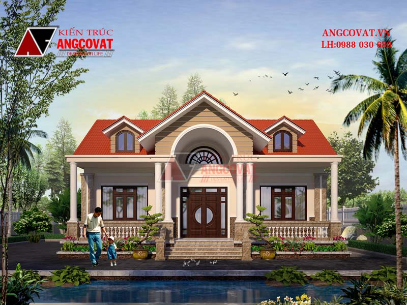 Phối cảnh 3: Mẫu thiết kế nhà đẹp 12x12m 1 tầng mái thái 3 phòng ngủ diện tích 110m2
