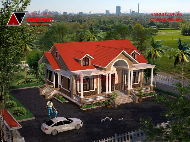 Phối cảnh 4: Mẫu thiết kế nhà đẹp 12x12m 1 tầng mái thái 3 phòng ngủ kinh phí 800 triệu
