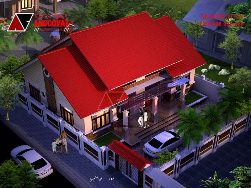 Phối cảnh 2: Mẫu thiết kế nhà vườn 3 phòng ngủ 1 tầng diện tích 180m2 hiện đại