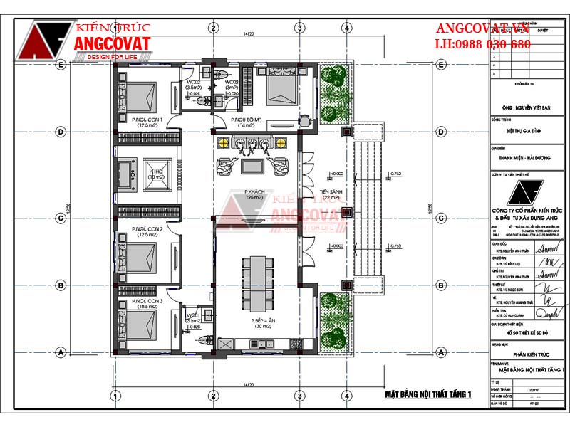 Mẫu thiết kế nhà vườn 3 phòng ngủ 1 tầng diện tích 180m2 - Mặt bằng tầng 1