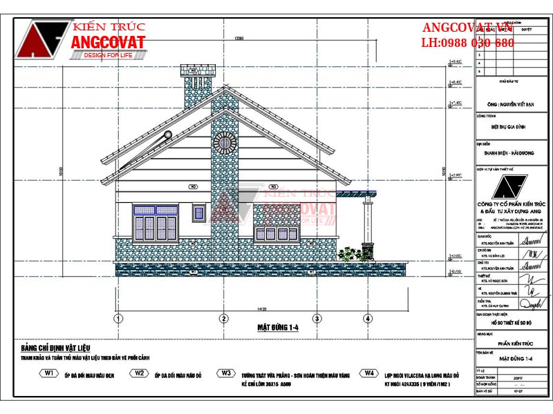 Mẫu thiết kế nhà vườn 3 phòng ngủ 1 tầng diện tích 180m2 - Mặt đứng 1-4