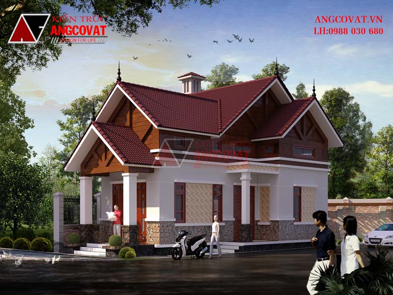 Phối cảnh 2: Thiết kế nhà 1 tầng diện tích 70m2 3 phòng ngủ mái thái