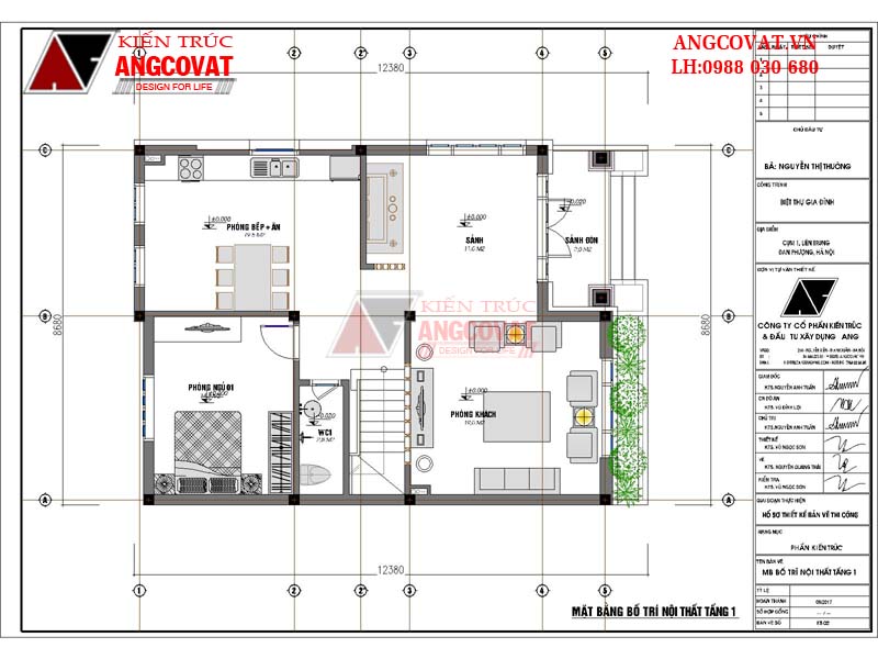Thiết kế nhà 2 tầng có gác lửng diện tích 100m2 4 phòng ngủ mái thái - Mặt bằng tầng 1
