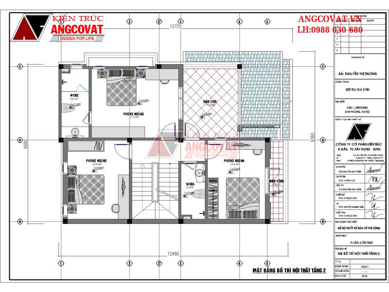 Thiết kế nhà 2 tầng có gác lửng diện tích 100m2 4 phòng ngủ mái thái - Mặt bằng tầng 2