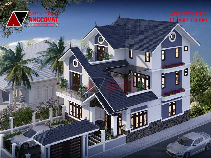 Phối cảnh 3: Thiết kế nhà 2 tầng có gác lửng diện tích 100m2 4 phòng ngủ mái thái