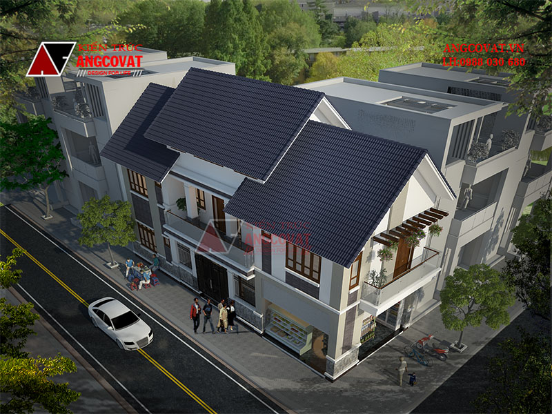 Phối cảnh 3: Thiết kế nhà 2 tầng kết hợp kinh doanh diện tích 120m2 hiện đại mái thái
