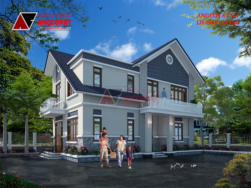 Phối cảnh view 2: Thiết kế nhà 9x14m 2 tầng 3 phòng ngủ diện tích 100m2 đẹp