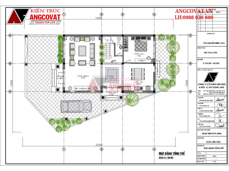 Thiết kế nhà 9x14m 2 tầng 3 phòng ngủ diện tích 100m2 mái ngói - Mặt bằng tổng