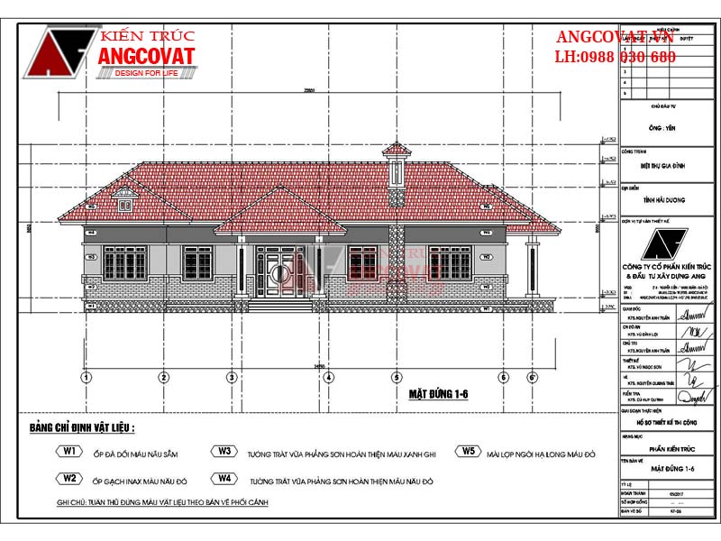 Thiết kế nhà cấp 4 diện tích 140m2 chữ l mái thái - Mặt đứng 1-6