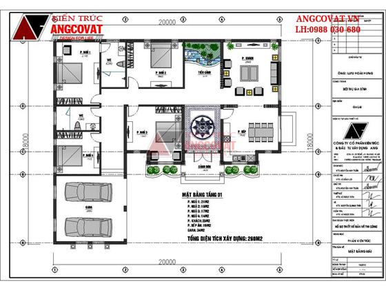 Thiết kế nhà cấp 4 kiểu châu Âu mặt tiền 20m 4 phòng ngủ có hồ bơi - Mặt bằng tầng 1