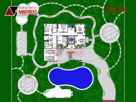 Thiết kế nhà cấp 4 kiểu châu Âu mặt tiền 20m 4 phòng ngủ - Tổng mặt bằng