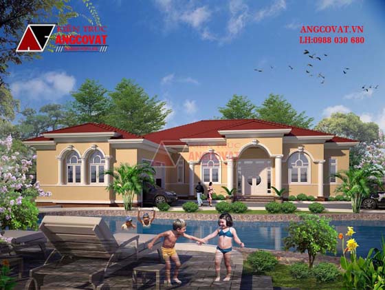 Phối cảnh 1: Mẫu thiết kế nhà cấp 4 kiểu châu Âu mặt tiền 20m