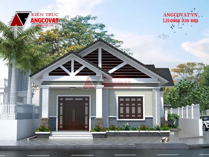 Phối cảnh 2: Thiết kế nhà cấp 4 mái thái 150m2 4 phòng ngủ mặt tiền 11m