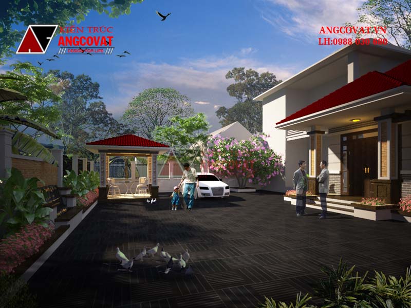 Phối cảnh 2: Mẫu thiết kế nhà đẹp 65m2 1 tầng mái ngói ở nông thôn mặt tiền 8m