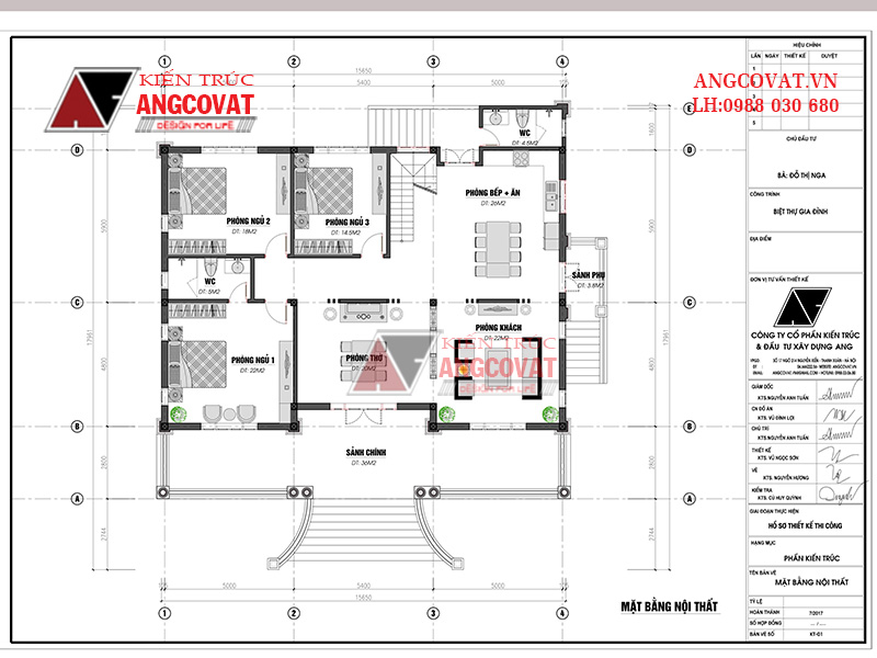Thiết kế nhà mặt tiền 15m 1 tầng 3 phòng ngủ kiểu Âu diện tích 200m2 - Mặt bằng tầng 1
