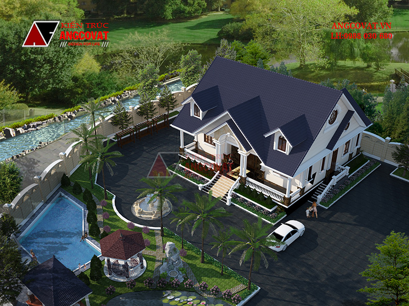 Phối cảnh 3: Thiết kế nhà mặt tiền 15m 1 tầng 3 phòng ngủ kiểu Âu diện tích 200m2