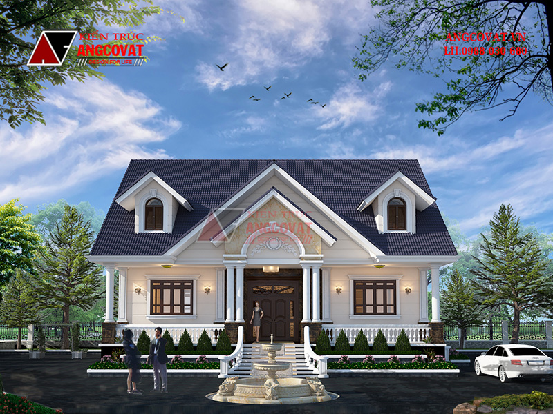 Phối cảnh 2: Thiết kế nhà mặt tiền 15m 1 tầng 3 phòng ngủ kiểu Âu