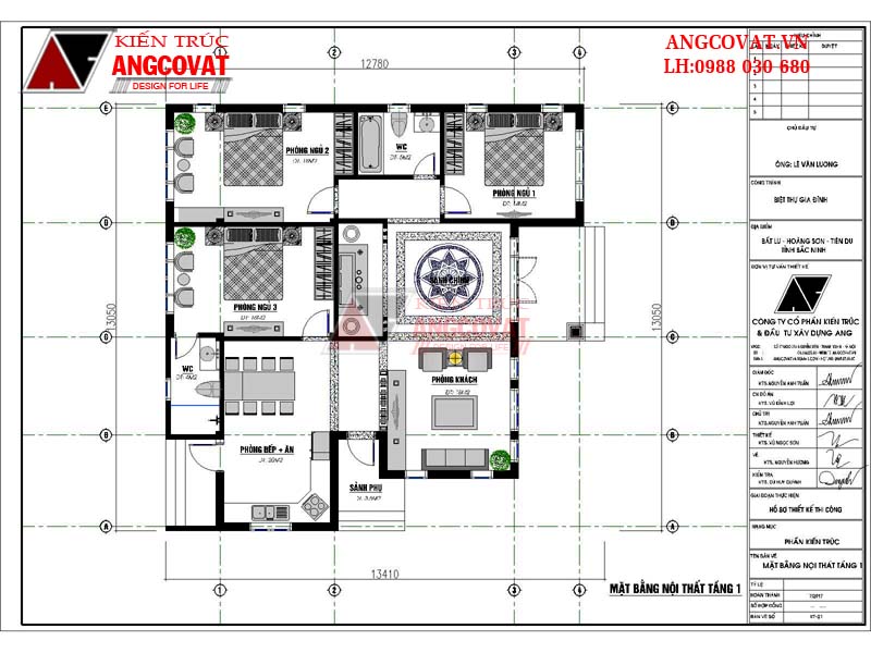 Thiết kế nhà trệt 140m2 1 tầng 3 phòng ngủ mặt tiền 13m hình vuông - Mặt bằng tầng 1