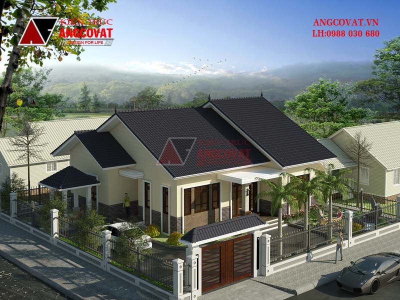 Phối cảnh view3: Thiết kế nhà trệt 140m2 1 tầng 3 phòng ngủ mặt tiền 13m hình vuông
