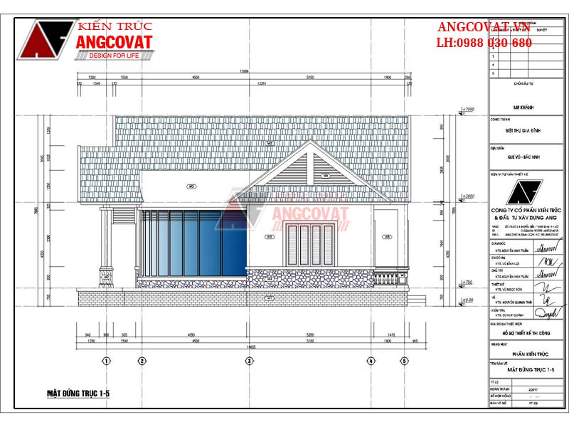 Tư vấn thiết kế xây nhà cấp 4 giá 800 triệu diện tích 130m2 mái thái - Mặt đứng trục 1-5