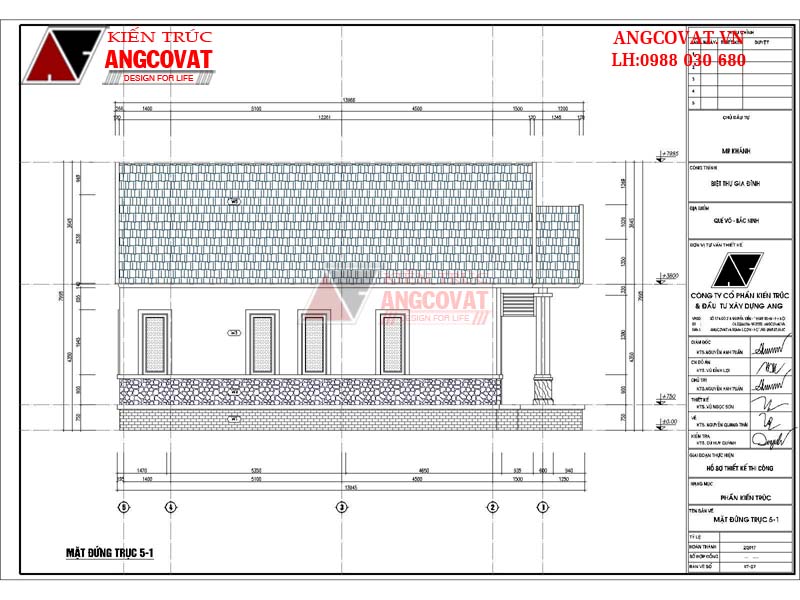 Tư vấn thiết kế xây nhà cấp 4 giá 800 triệu diện tích 130m2 mái thái - Mặt đứng trục 5-1