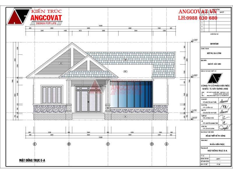 Tư vấn thiết kế xây nhà cấp 4 giá 800 triệu diện tích 130m2 mái thái - Mặt đứng trục E-A