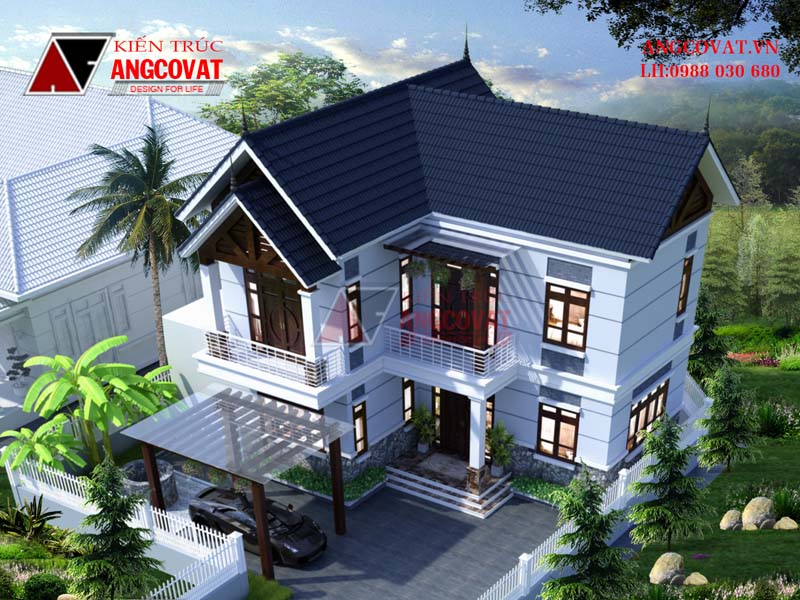 Phối cảnh 3: Xây nhà 2 tầng diện tích 90m2 hình chữ L 3 phòng ngủ mặt tiền 12m